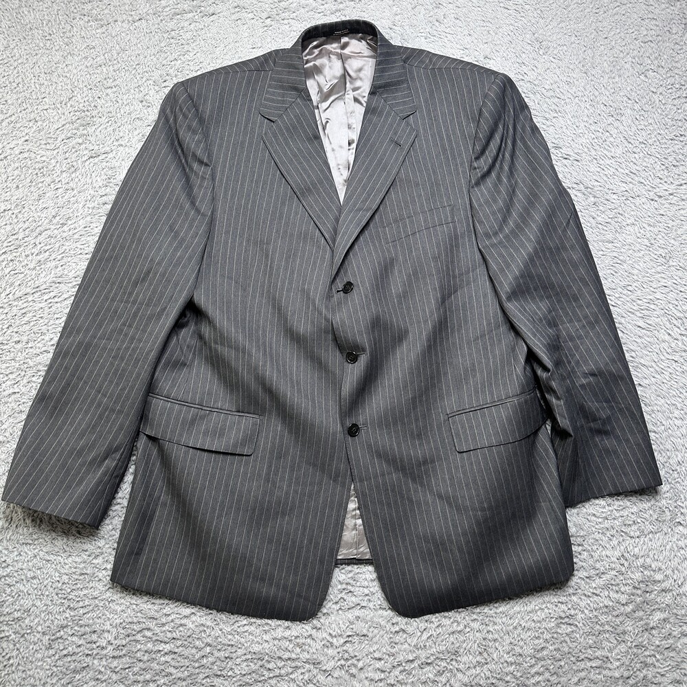 Hart Schaffner Marx Jacket Mens 44 L Gray Striped Wool Lapel Three Button USA